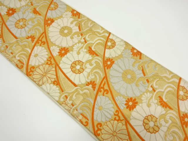 JAPANESE KIMONO / ANTIQUE FUKURO OBI / WOVEN WAVE & KIKU